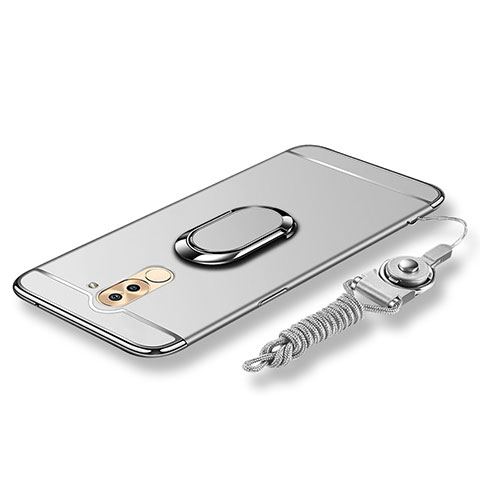 Funda Bumper Lujo Marco de Metal y Plastico Carcasa con Anillo de dedo Soporte y Lanyard para Huawei Honor 6X Plata