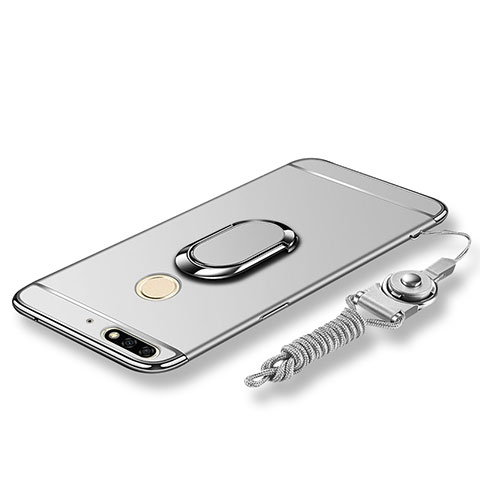 Funda Bumper Lujo Marco de Metal y Plastico Carcasa con Anillo de dedo Soporte y Lanyard para Huawei Honor 7C Plata