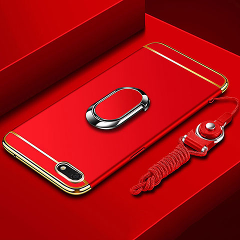 Funda Bumper Lujo Marco de Metal y Plastico Carcasa con Anillo de dedo Soporte y Lanyard para Huawei Honor 7S Rojo
