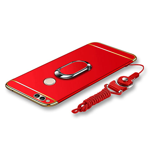 Funda Bumper Lujo Marco de Metal y Plastico Carcasa con Anillo de dedo Soporte y Lanyard para Huawei Honor 7X Rojo