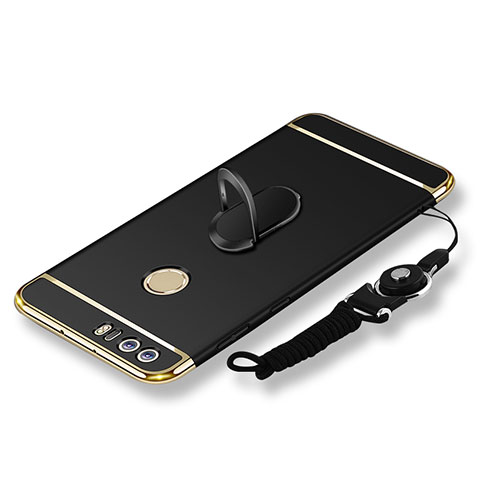 Funda Bumper Lujo Marco de Metal y Plastico Carcasa con Anillo de dedo Soporte y Lanyard para Huawei Honor 8 Negro