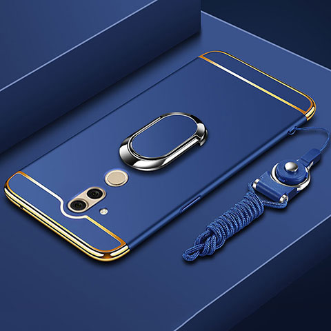 Funda Bumper Lujo Marco de Metal y Plastico Carcasa con Anillo de dedo Soporte y Lanyard para Huawei Mate 20 Lite Azul