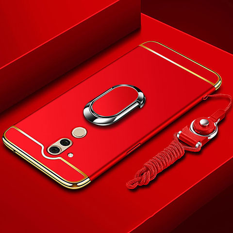 Funda Bumper Lujo Marco de Metal y Plastico Carcasa con Anillo de dedo Soporte y Lanyard para Huawei Mate 20 Lite Rojo