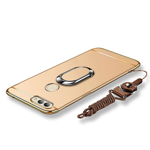 Funda Bumper Lujo Marco de Metal y Plastico Carcasa con Anillo de dedo Soporte y Lanyard para Huawei Nova 2 Plus Oro