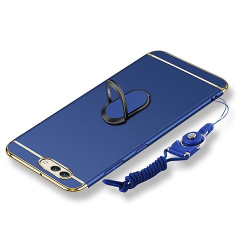 Funda Bumper Lujo Marco de Metal y Plastico Carcasa con Anillo de dedo Soporte y Lanyard para Huawei Nova 2S Azul