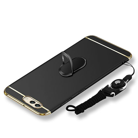 Funda Bumper Lujo Marco de Metal y Plastico Carcasa con Anillo de dedo Soporte y Lanyard para Huawei Nova 2S Negro