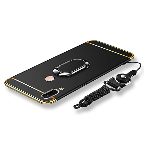 Funda Bumper Lujo Marco de Metal y Plastico Carcasa con Anillo de dedo Soporte y Lanyard para Huawei Nova 3e Negro