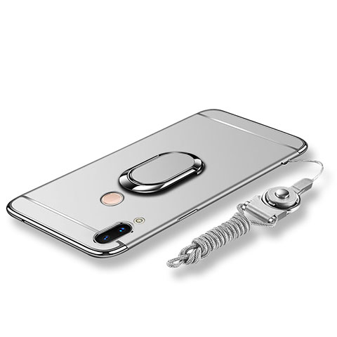 Funda Bumper Lujo Marco de Metal y Plastico Carcasa con Anillo de dedo Soporte y Lanyard para Huawei Nova 3e Plata