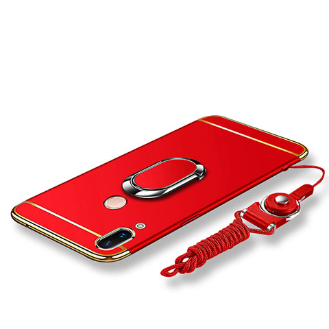 Funda Bumper Lujo Marco de Metal y Plastico Carcasa con Anillo de dedo Soporte y Lanyard para Huawei Nova 3e Rojo