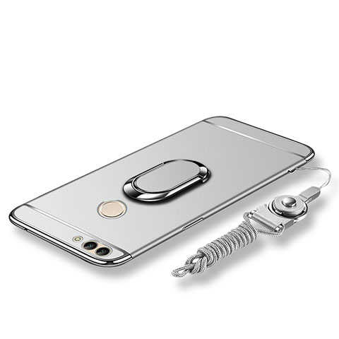 Funda Bumper Lujo Marco de Metal y Plastico Carcasa con Anillo de dedo Soporte y Lanyard para Huawei P Smart Plata