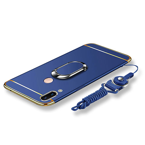 Funda Bumper Lujo Marco de Metal y Plastico Carcasa con Anillo de dedo Soporte y Lanyard para Huawei P20 Lite Azul