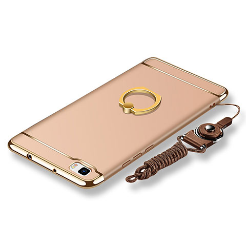 Funda Bumper Lujo Marco de Metal y Plastico Carcasa con Anillo de dedo Soporte y Lanyard para Huawei P8 Lite Oro