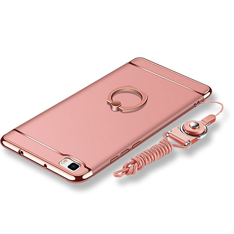 Funda Bumper Lujo Marco de Metal y Plastico Carcasa con Anillo de dedo Soporte y Lanyard para Huawei P8 Lite Oro Rosa