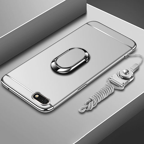 Funda Bumper Lujo Marco de Metal y Plastico Carcasa con Anillo de dedo Soporte y Lanyard para Huawei Y5 Prime (2018) Plata