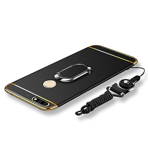 Funda Bumper Lujo Marco de Metal y Plastico Carcasa con Anillo de dedo Soporte y Lanyard para Huawei Y7 (2018) Negro