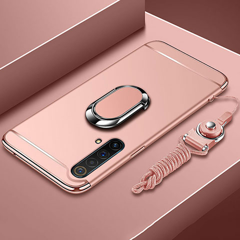 Funda Bumper Lujo Marco de Metal y Plastico Carcasa con Anillo de dedo Soporte y Lanyard para Realme X50 5G Oro Rosa