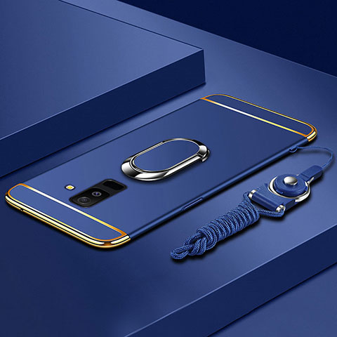 Funda Bumper Lujo Marco de Metal y Plastico Carcasa con Anillo de dedo Soporte y Lanyard para Samsung Galaxy A6 Plus Azul
