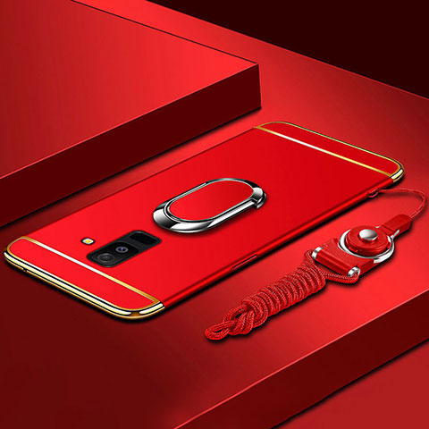 Funda Bumper Lujo Marco de Metal y Plastico Carcasa con Anillo de dedo Soporte y Lanyard para Samsung Galaxy A6 Plus Rojo