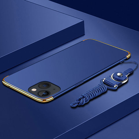 Funda Bumper Lujo Marco de Metal y Plastico Carcasa con Lanyard para Apple iPhone 13 Mini Azul