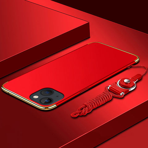 Funda Bumper Lujo Marco de Metal y Plastico Carcasa con Lanyard para Apple iPhone 13 Mini Rojo