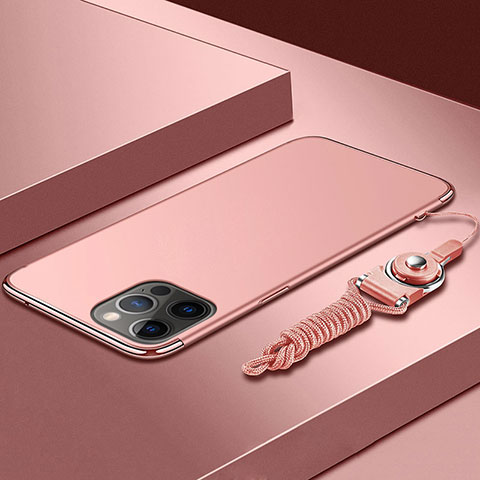 Funda Bumper Lujo Marco de Metal y Plastico Carcasa con Lanyard para Apple iPhone 13 Pro Max Oro Rosa