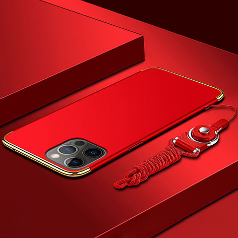 Funda Bumper Lujo Marco de Metal y Plastico Carcasa con Lanyard para Apple iPhone 13 Pro Max Rojo