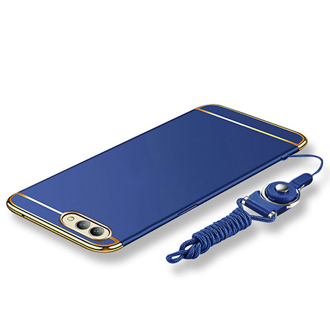 Funda Bumper Lujo Marco de Metal y Plastico Carcasa con Lanyard para Huawei Honor View 10 Azul