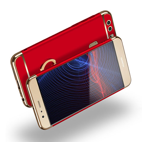 Funda Bumper Lujo Marco de Metal y Plastico con Anillo de dedo Soporte A03 para Huawei P9 Plus Rojo