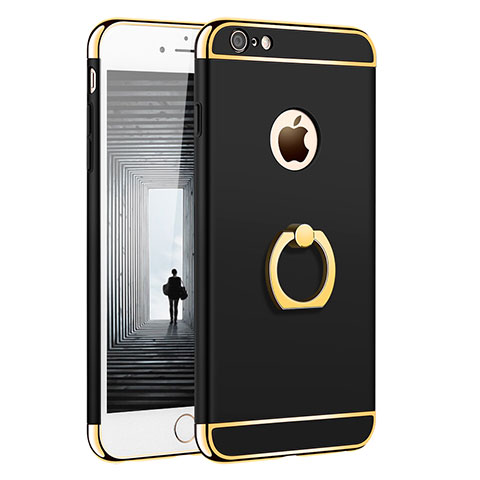 Funda Bumper Lujo Marco de Metal y Plastico con Anillo de dedo Soporte para Apple iPhone 6S Plus Negro