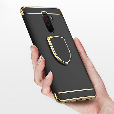 Funda Bumper Lujo Marco de Metal y Plastico con Anillo de dedo Soporte para Xiaomi Pocophone F1 Negro