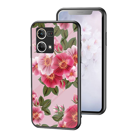 Funda Bumper Silicona Gel Espejo Flores Carcasa para Oppo Reno7 4G Rojo