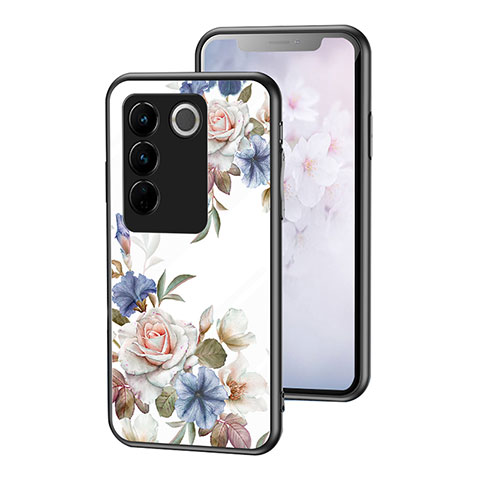 Funda Bumper Silicona Gel Espejo Flores Carcasa para Vivo V27 Pro 5G Blanco