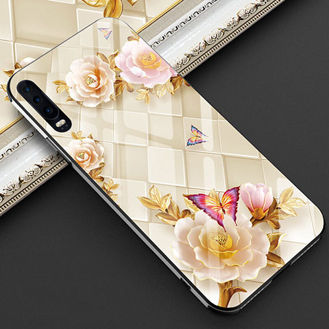 Funda Bumper Silicona Gel Espejo Flores Carcasa S02 para Huawei P30 Oro