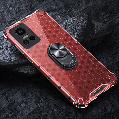 Funda Bumper Silicona Transparente Espejo 360 Grados con Magnetico Anillo de dedo Soporte AM1 para Realme GT Neo3 5G Rojo