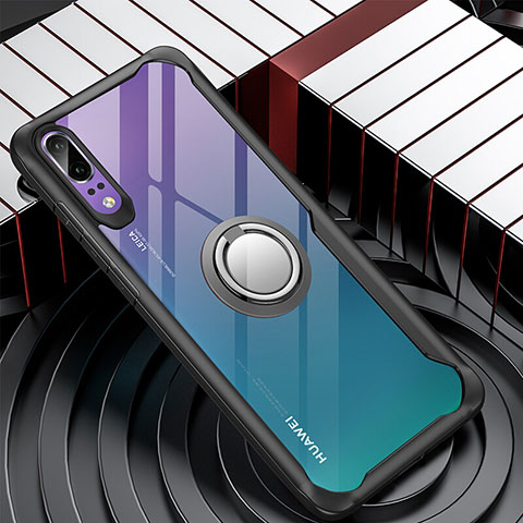 Funda Bumper Silicona Transparente Espejo 360 Grados con Magnetico Anillo de dedo Soporte para Huawei P20 Negro