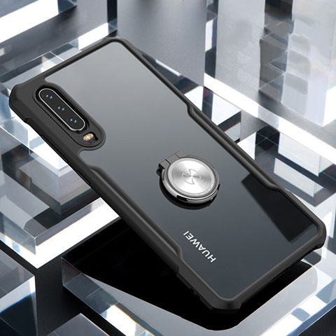 Funda Bumper Silicona Transparente Espejo 360 Grados con Magnetico Anillo de dedo Soporte para Huawei P30 Negro