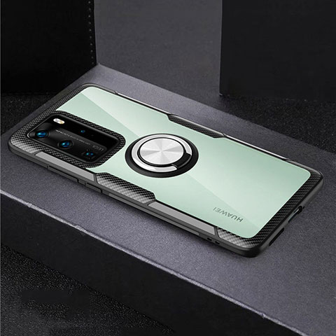 Funda Bumper Silicona Transparente Espejo 360 Grados con Magnetico Anillo de dedo Soporte para Huawei P40 Pro Plata y Negro
