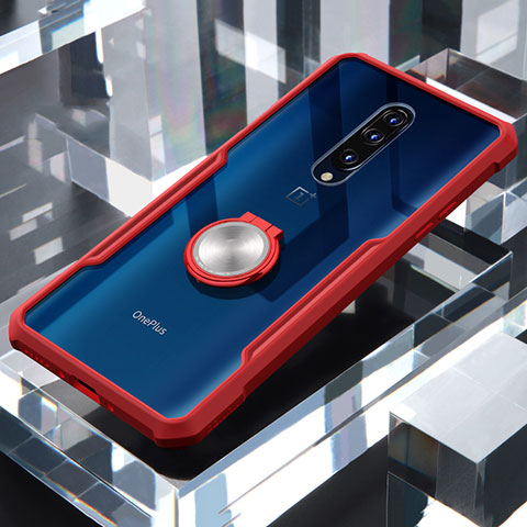 Funda Bumper Silicona Transparente Espejo 360 Grados con Magnetico Anillo de dedo Soporte para OnePlus 7 Pro Rojo