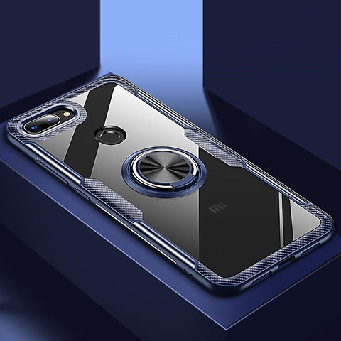 Funda Bumper Silicona Transparente Espejo 360 Grados con Magnetico Anillo de dedo Soporte para Xiaomi Mi 8 Lite Azul