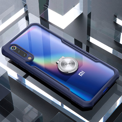 Funda Bumper Silicona Transparente Espejo 360 Grados con Magnetico Anillo de dedo Soporte para Xiaomi Mi 9 Azul