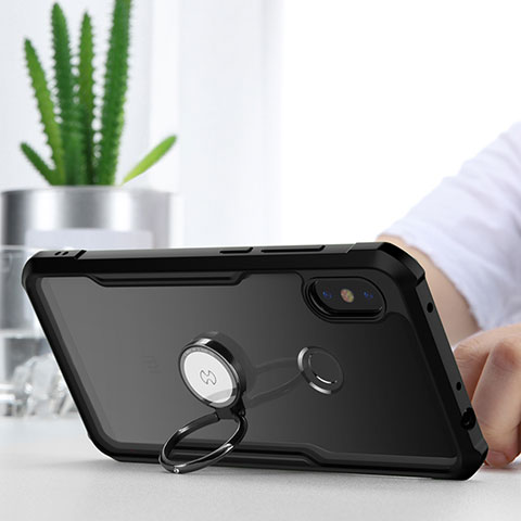 Funda Bumper Silicona Transparente Espejo 360 Grados con Magnetico Anillo de dedo Soporte para Xiaomi Redmi Note 6 Pro Negro