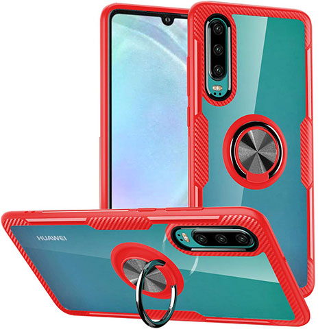 Funda Bumper Silicona Transparente Espejo 360 Grados con Magnetico Anillo de dedo Soporte S01 para Huawei P30 Rojo