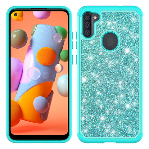 Funda Bumper Silicona y Plastico Carcasa Frontal y Trasera 360 Grados Bling-Bling JX1 para Samsung Galaxy A11 Cian