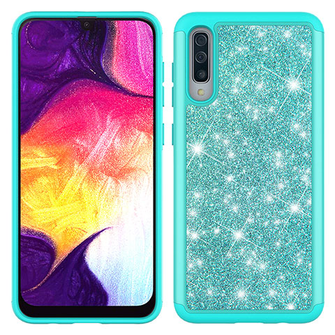 Funda Bumper Silicona y Plastico Carcasa Frontal y Trasera 360 Grados Bling-Bling JX1 para Samsung Galaxy A50S Cian