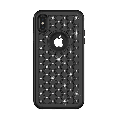 Funda Bumper Silicona y Plastico Carcasa Frontal y Trasera 360 Grados Bling-Bling para Apple iPhone X Negro