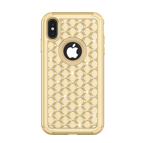 Funda Bumper Silicona y Plastico Carcasa Frontal y Trasera 360 Grados Bling-Bling para Apple iPhone X Oro
