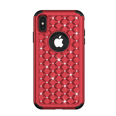 Funda Bumper Silicona y Plastico Carcasa Frontal y Trasera 360 Grados Bling-Bling para Apple iPhone X Rojo