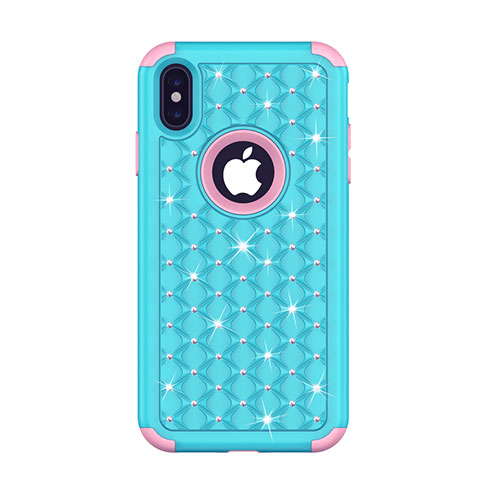 Funda Bumper Silicona y Plastico Carcasa Frontal y Trasera 360 Grados Bling-Bling para Apple iPhone Xs Max Azul