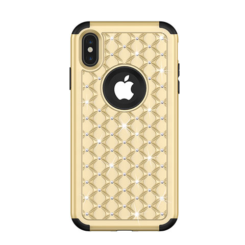 Funda Bumper Silicona y Plastico Carcasa Frontal y Trasera 360 Grados Bling-Bling para Apple iPhone Xs Oro y Negro