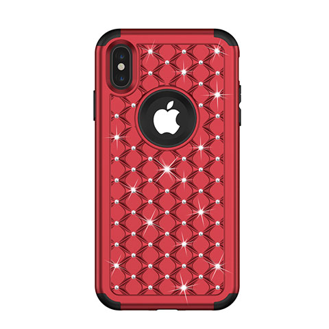 Funda Bumper Silicona y Plastico Carcasa Frontal y Trasera 360 Grados Bling-Bling para Apple iPhone Xs Rojo